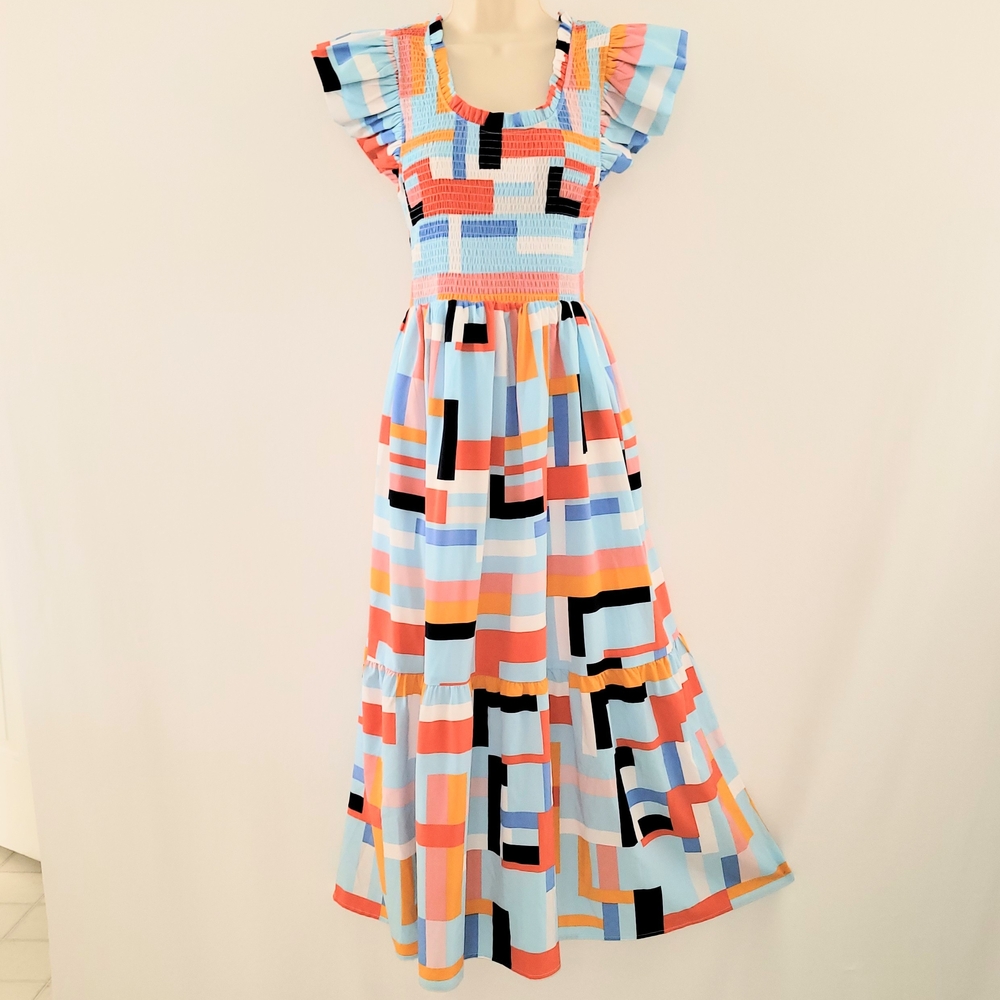 Mod Bold Maxi Entro by Anthropologie SmockedColorful Geometric Maxi Dress Size M
